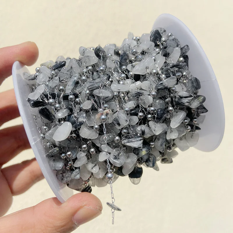 

Stainless Steel Natural Black Transparent Rutilated Quartz Chips Stone Chains Gem Stone for DIY Jewelry Necklace Making Findings