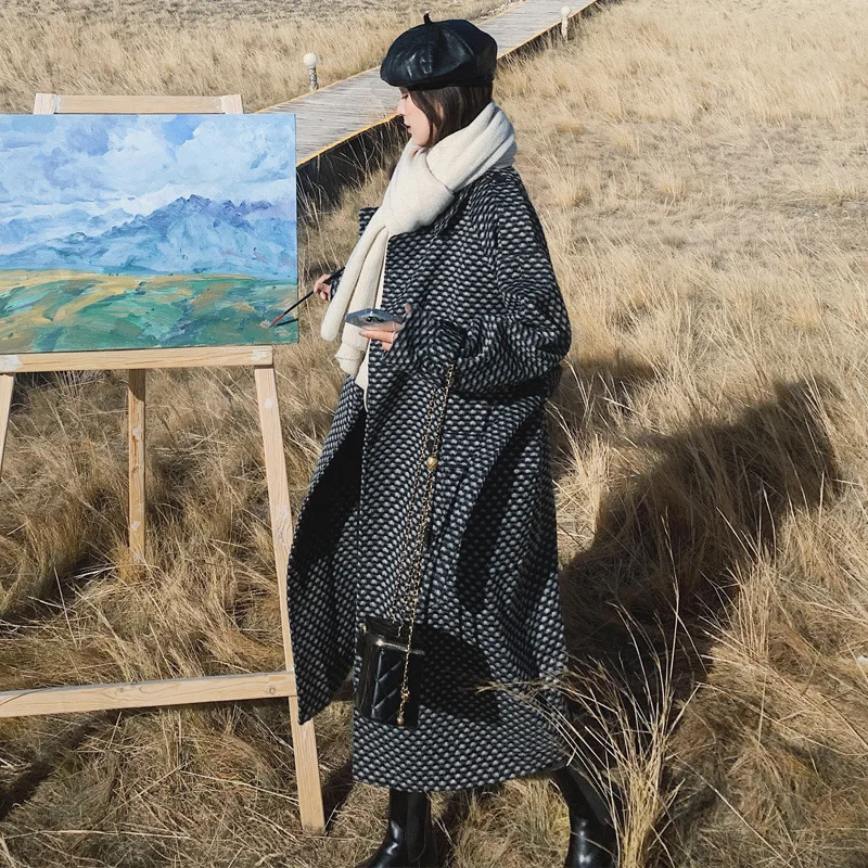 

Шерстяное пальто в британском стиле, Женское зимнее корейское Свободное пальто средней длины выше колена, шерстяное пальто