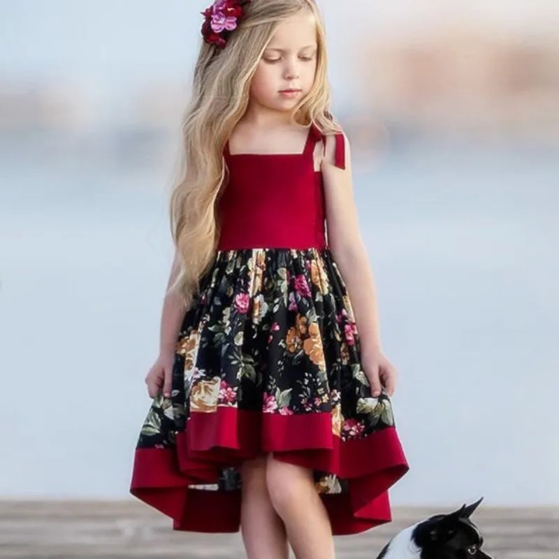 

Girls' Printed 'Front Short-Back Long' Irregular Strap Dress 2021 Spring Summer Children's Clothes For 1-6 Years