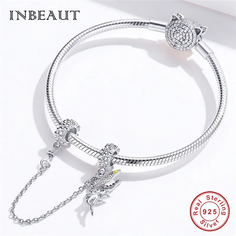 INBEAUT 925 пробы Серебряный цветок эльф силиконовая безопасная цепь Подходит Пандора браслет маленькая фея подвески для девушки на браслеты подарок