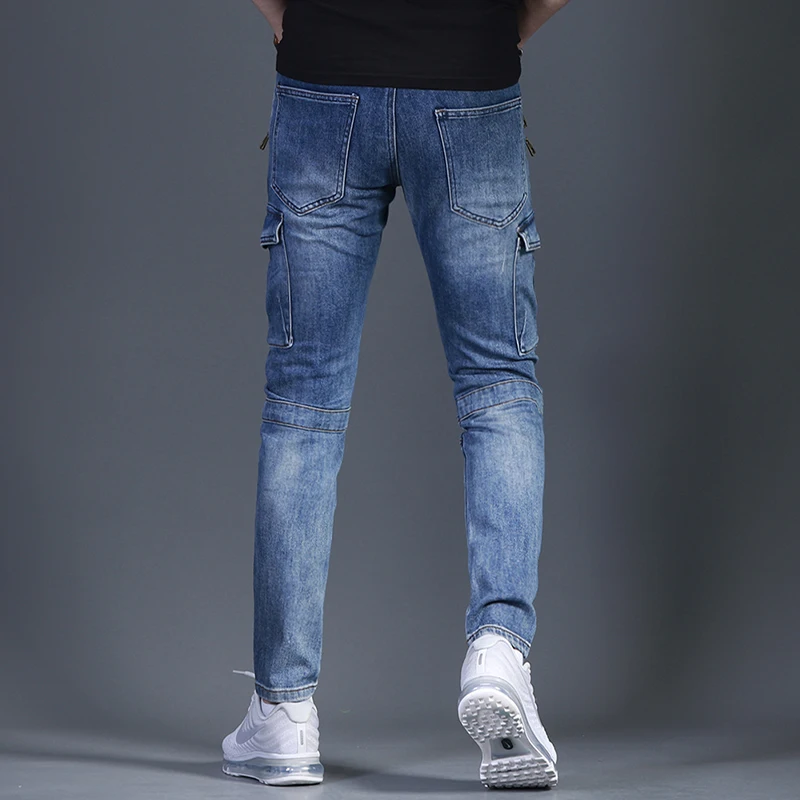 New Fashion Blue Biker Jeans Men Cargo Pants Patchwork Jean Mens Streetwear Casual Zipper Pocket Slim Fit Denim Trousers
