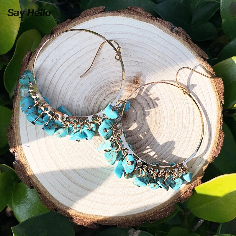 SAY HELLO серьги кольца из бирюзы с неровным камнем подвеска Зелеными камнями