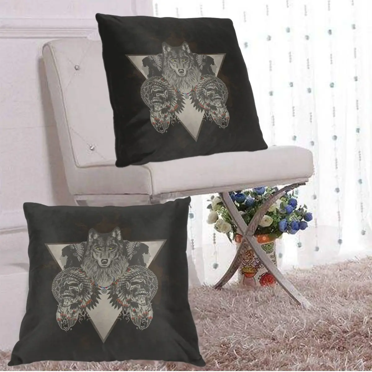 

Indians Wolf Skull Pillow Case Polyester Throw Pillow Case Decorative Pillowcases Cover