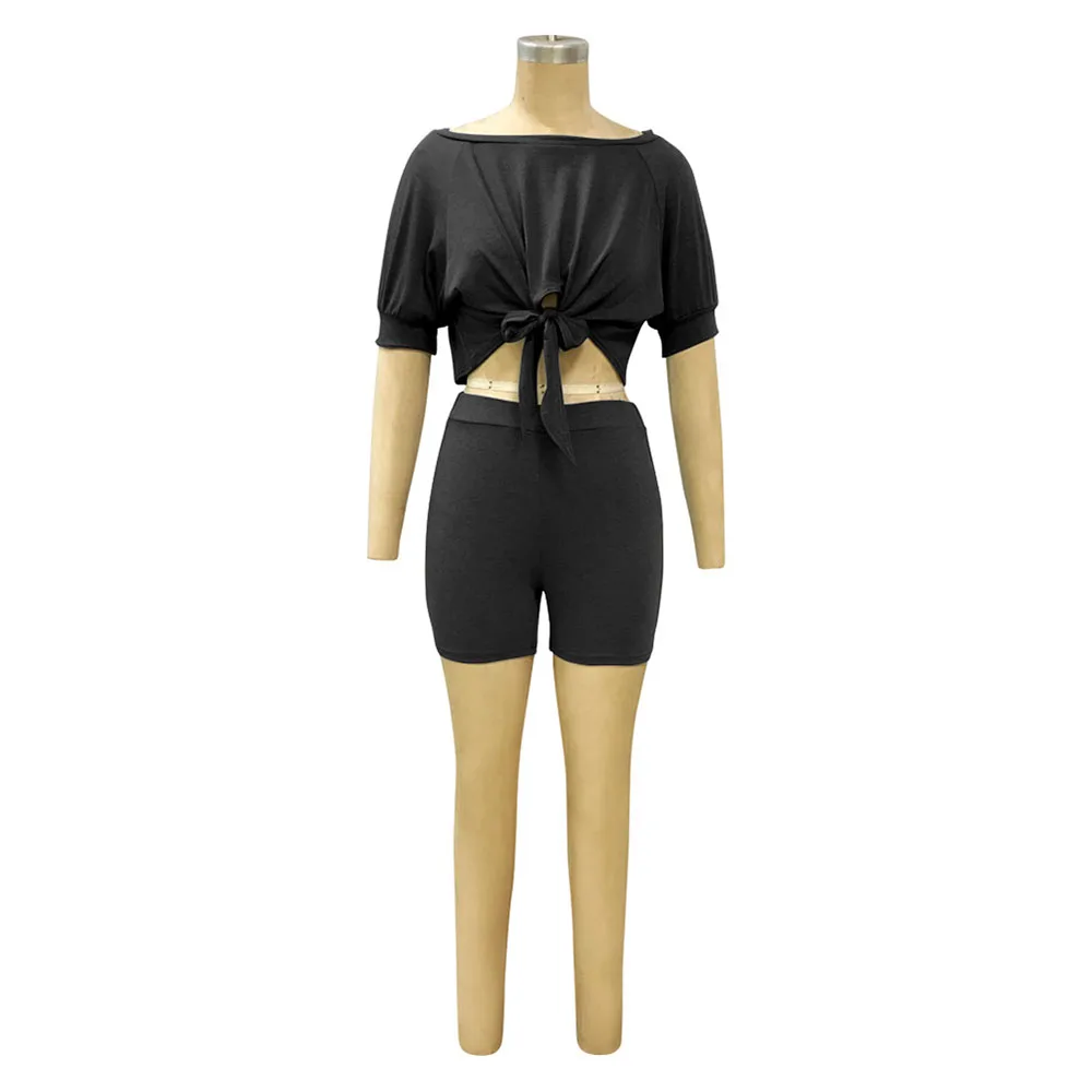 

Casual Solid Two Piece Set Women's Clothing 2021 Bow Tie Half Sleeve Crop Top and Bodycon Shorts Summer All Match Slim Outfits