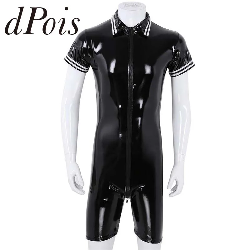 Мужские слитные боксеры из лакированной кожи с коротким рукавом и молнией