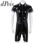 Мужские слитные боксеры из лакированной кожи с коротким рукавом и молнией спереди, трико, боди, нижнее белье, вечерняя Клубная одежда