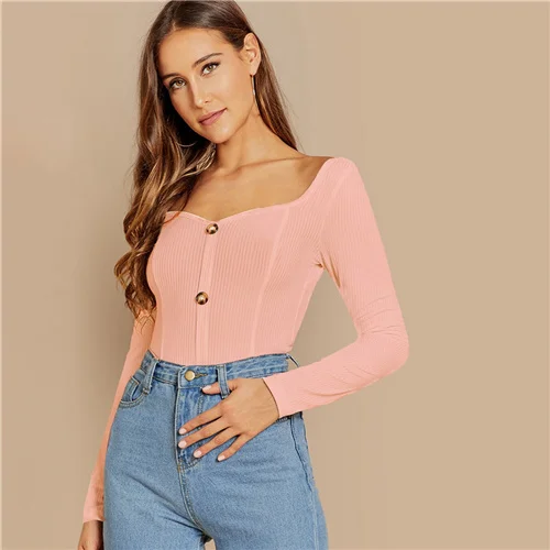 SHEIN Облегающий Топ С Длинным Рукавом И Глубоким Вырезом Трикотажная Блузка В Рубчик - Цвет: Розовый