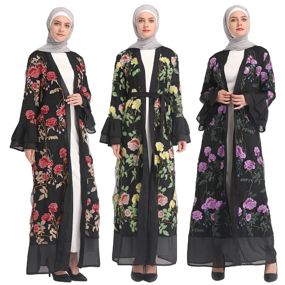 

Fashion Dubai Open Abaya Lace Embroidery Long Dress Kimono Cardigan Flower Jilbab Women Muslim Kaftan Turkey Robe Islamic Gown