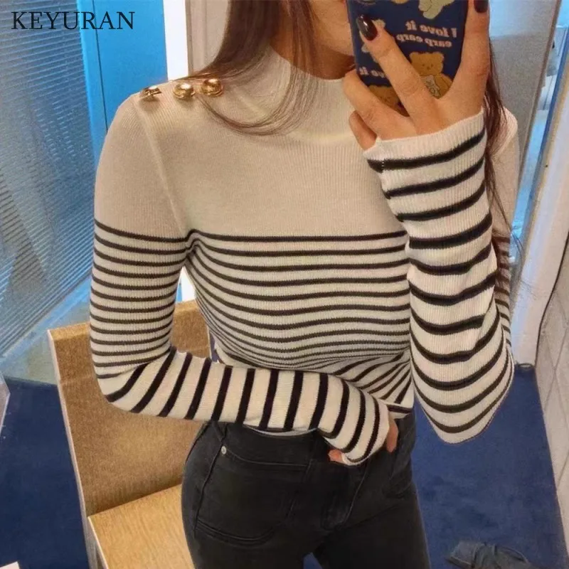 

Buttons Decoration Striped Turtleneck Sweater Women Autumn Winter Knitted Pullover Women Slim Soft Jumper Sweater Female Tops