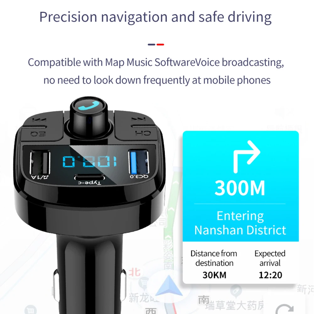 Bluetooth 5,0, Fm передатчик, автомобильный комплект, QC3.0, двойное USB Автомобильное зарядное устройство, светодиодный, решетчатый экран, режим эквалайзера, MP3 модулятор, Новинка