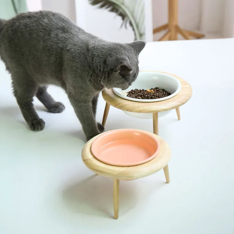 

Ceramic Tall Feet Dog Cat Bowl Puppy Food Bowl with Wood Stand Bracket Porcelain Water Feeder Bowl Food Bowl Pet Supplies