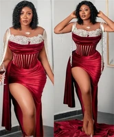 plus size arabic aso ebi burgundy velvet prom dresses lace beaded high split evening formal party second reception gowns