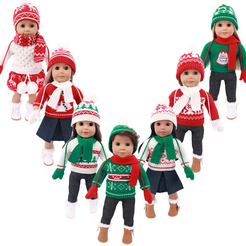 Christmas Sweater Scarf Gloves Skirt Suit Pants Suitable 18 Inch American And 43cm Born Baby Doll Clothes，Our Generation