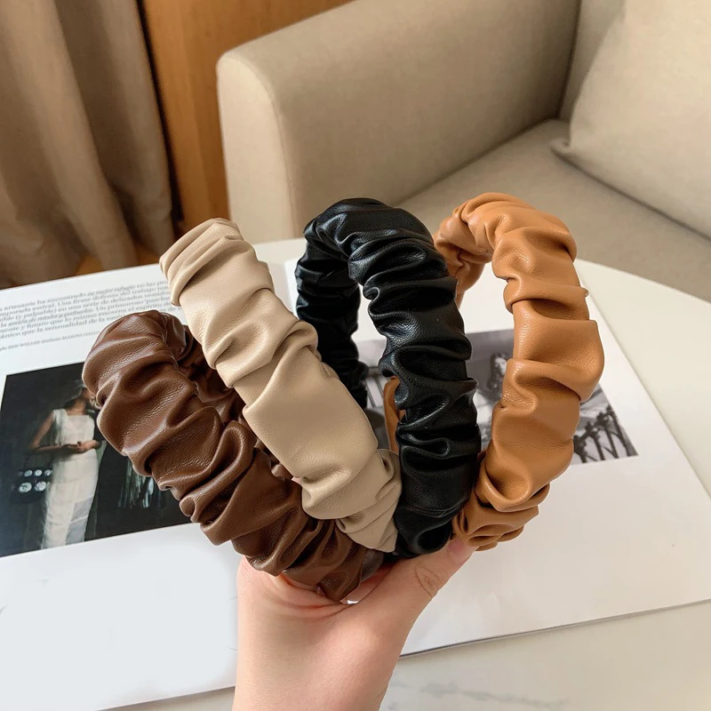 

Korean Style Synthetic Leather Wide Head Hoop Vintage Solid Color Twist Hairband Ruched Pleated Hair Hoop Wash Face Hair band