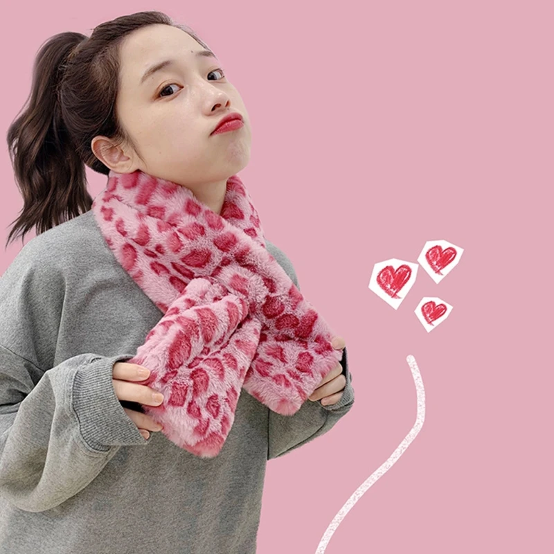 

Pink Leopard Cross Loophole Collar Scarf Harajuku Furry Plush Warm Neckerchief