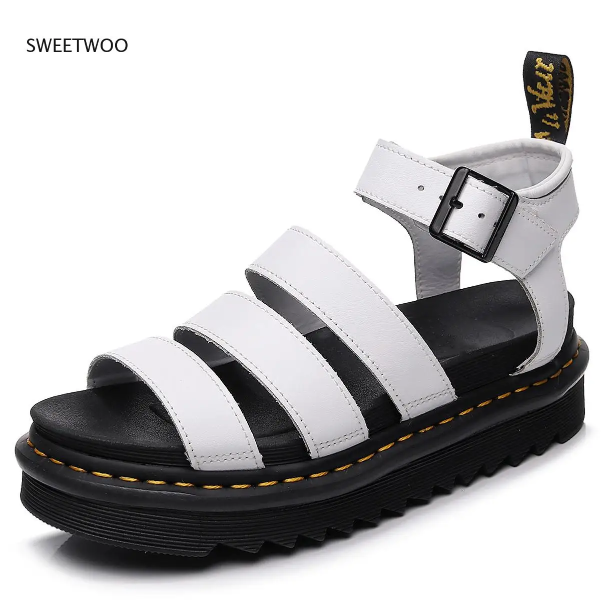 

Slides Martin Rome Flat Slippers Buckle Beach Shoes Thick Bottom Leather Fish Mouth Trifle Shoes Women's Sandals 2021 Female