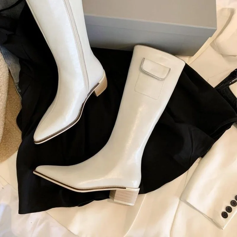 

Winter Pointed Toe Women's Boots White Knee High Boots Women's Autumn High-heeled Smoke Boots 2021 Thin Boots Wild Martn Boots