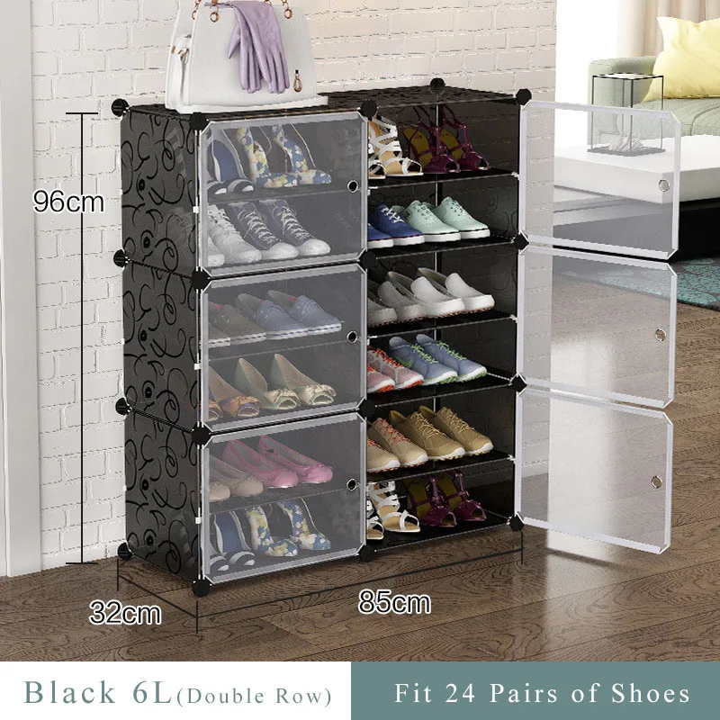 Black 6L Double-row Shoe Rack Home Dustproof Modular Closet Furniture Shoes Cabinet Door Space-saving Shoe Organizer Keep Room Neat - Цвет: Black 6L