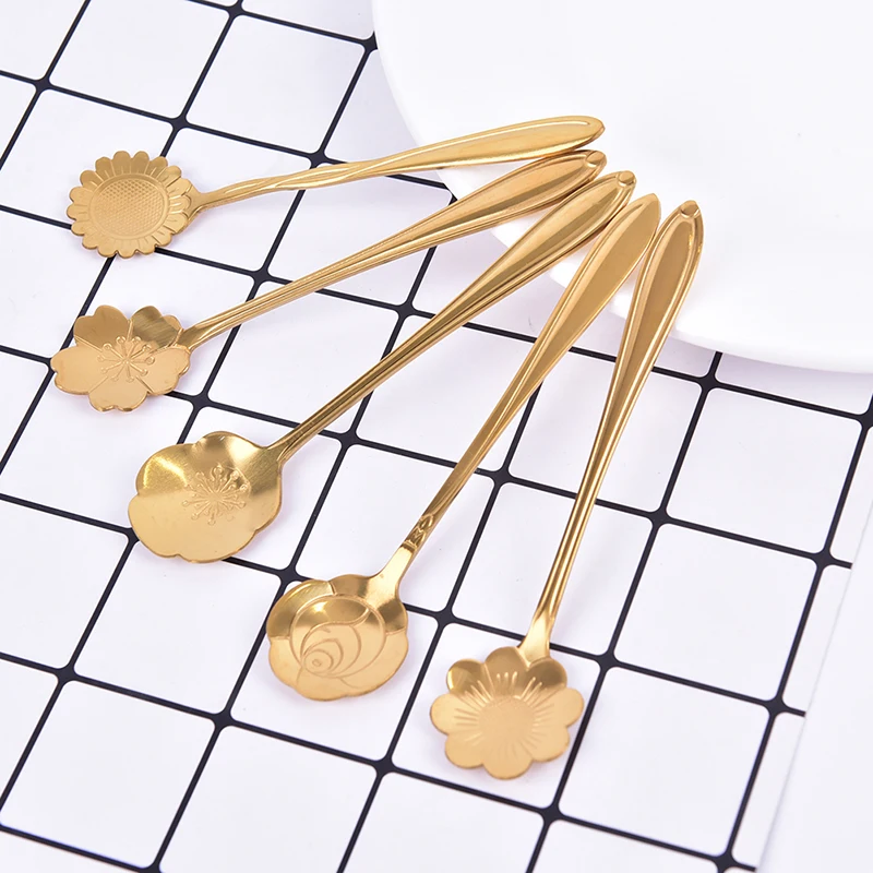 1 шт. Нержавеющая сталь ложка Винтаж золотой цветок ложки маленькая
