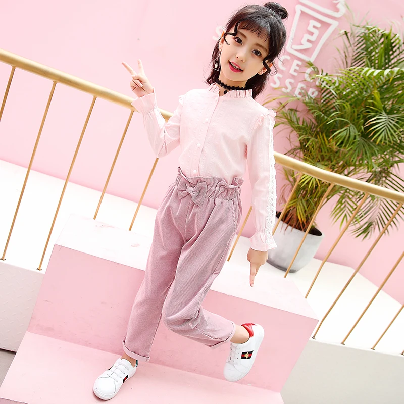 

Cute Girls Clothing Sets Lace Long Sleeve Shirts + Loose Bow Pants 2PC Baby Kids Clothes Teenagers Suits Outfits Vestidos
