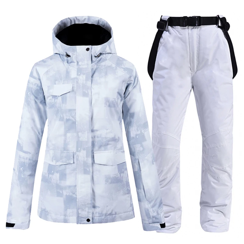 White Women's & Men's Snow Suit Wear Snowboard Clothing Set Winter Waterproof Costumes Outdoor Skiing Jackets and Bib Belt Pants