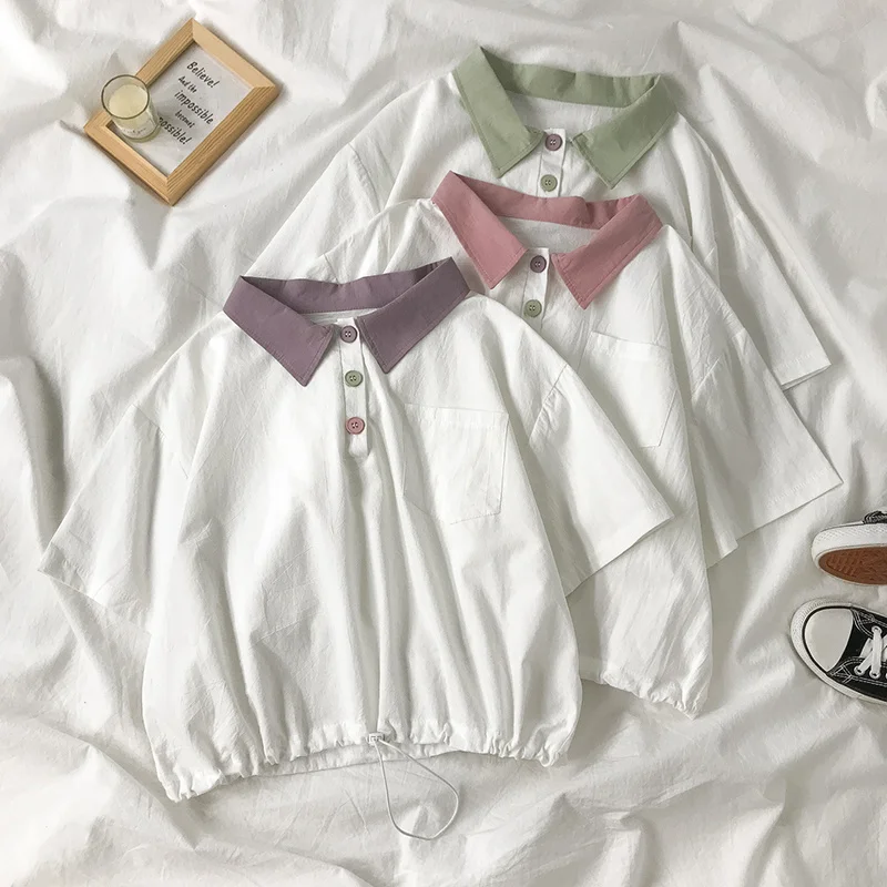 Футболка поло женская с коротким рукавом свободная рубашка в Корейском стиле