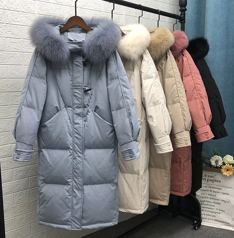 

Women Winter Real Raccoon Fox Fur Long Down Jacket Vintage Female 90% White Duck Down Coat Loose Hooded Lady Thick Warm Overcoat