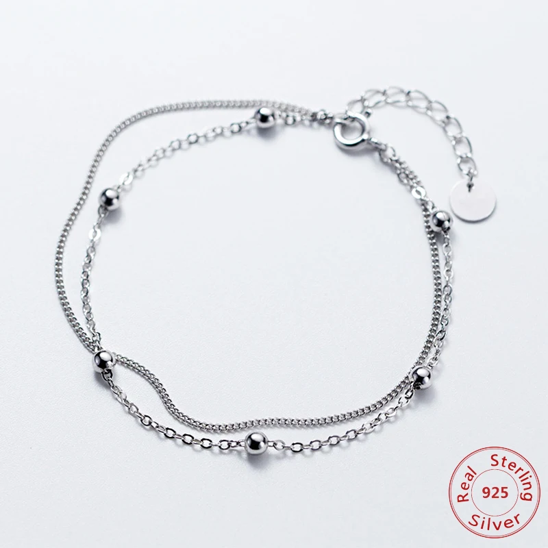 Женская двухслойная цепочка с серебряными бусинами браслет из стерлингового