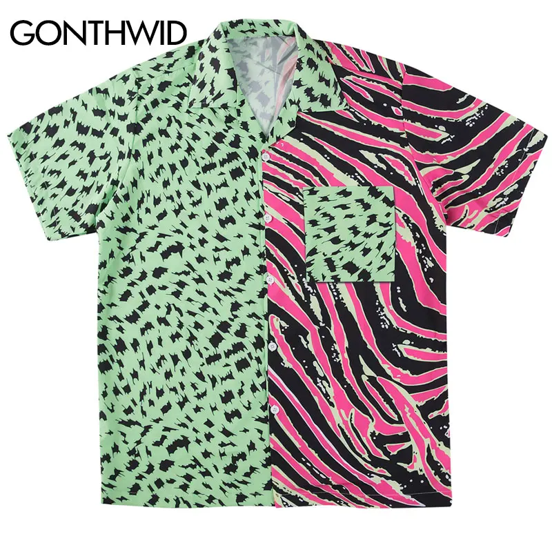 

GONTHWID Zebra Stripes Leopard Dots Print Color Block Patchwork Pocket Short Sleeve Hawaiian Shirts Summer Casual Button Tops