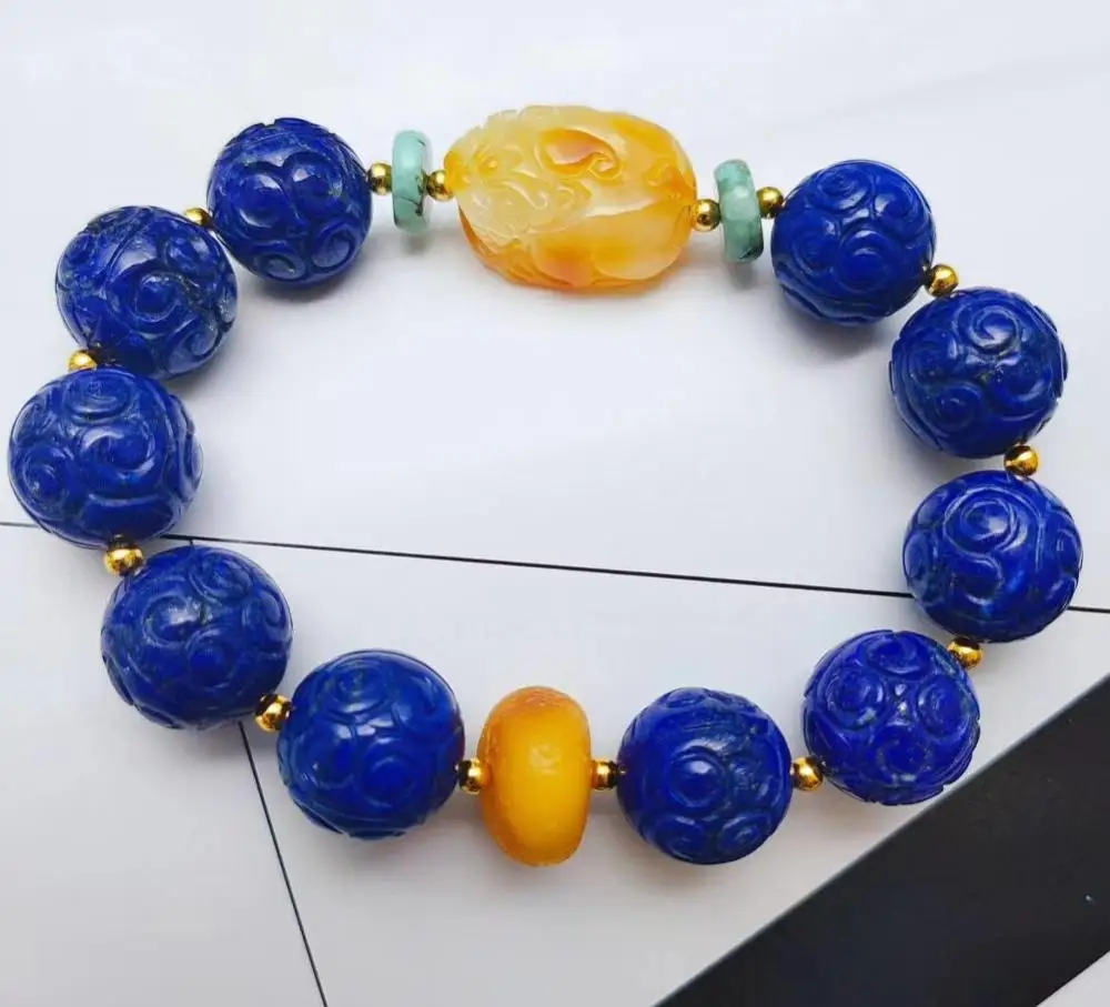 

14,5 мм натуральный Лазурит Королевский синий драгоценный камень женский браслет круглые бусины Мужская мода Pi Xiu янтарь AAAAA