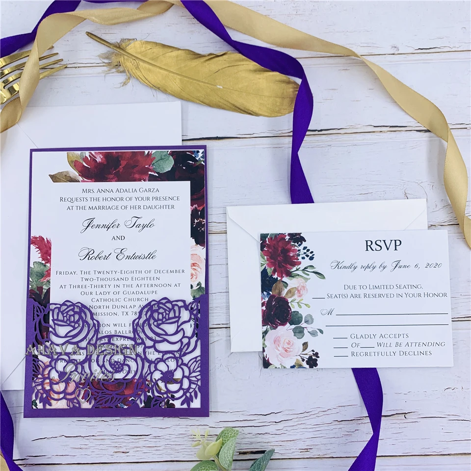 Необычные фиолетовые розы цветочные приглашения на свадьбу Quince и Sweet 16 DIY