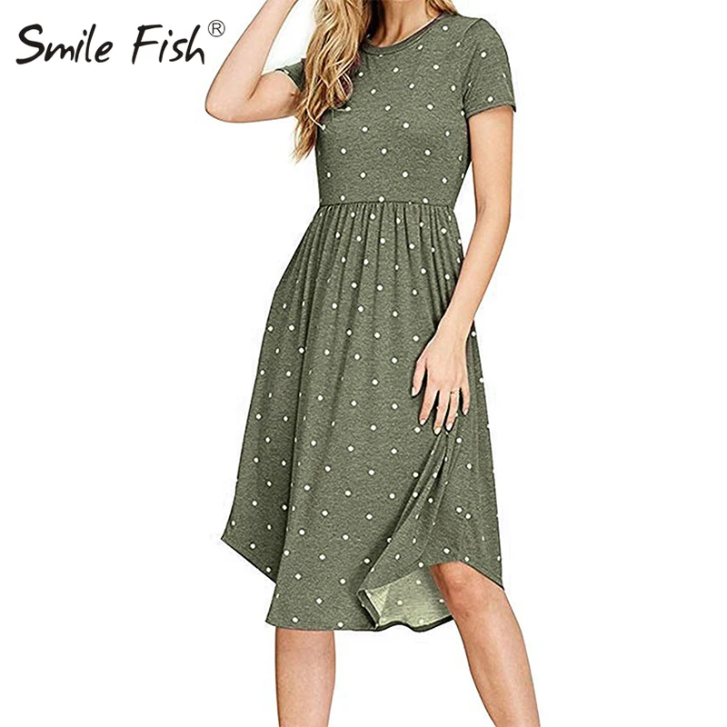 Женское винтажное платье-миди в горошек с круглым вырезом и карманами | Женская