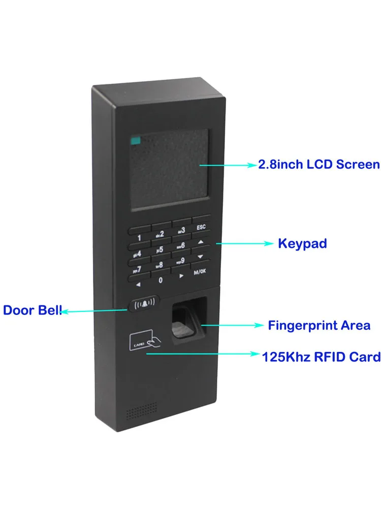2.8inch 125Khz RFID Biometric Fingerprint Time Clock Access Control Keypad Electronic USB TCP/IP RS485 Attendance 2000 User |