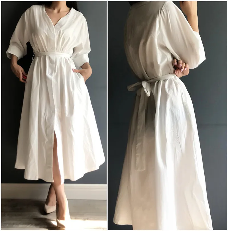 GOOHOJIO New 2020 Women Dresses Spring Summer Cotton and Linen Elegant Pleated Long White V Neck Lace Up Bow One Size | Женская одежда