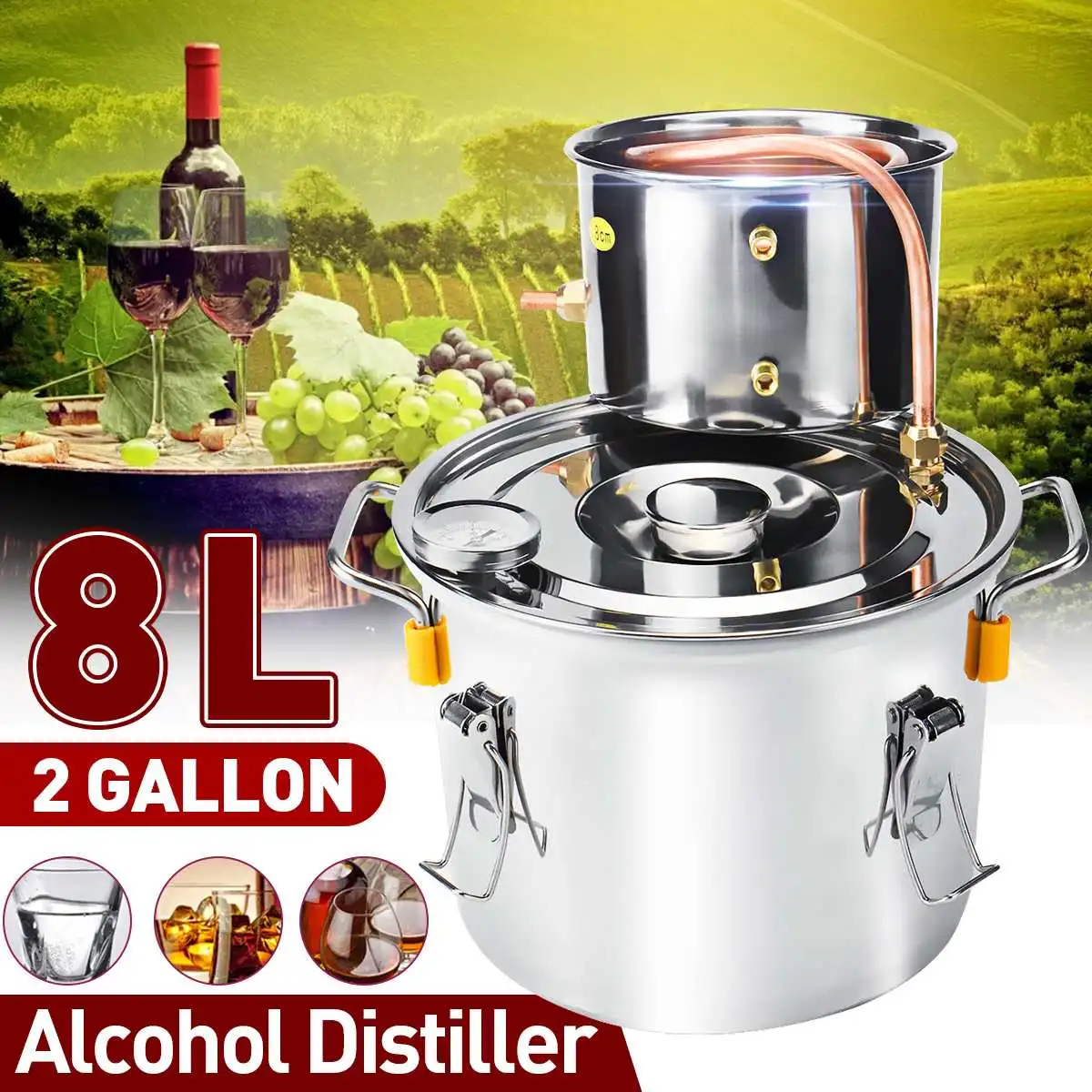 

2 галлона 8L дистиллятор Moonshine спиртовой дистиллятор из нержавеющей меди DIY для домашнего пивоварения воды вина бренди эфирное масло комплек...