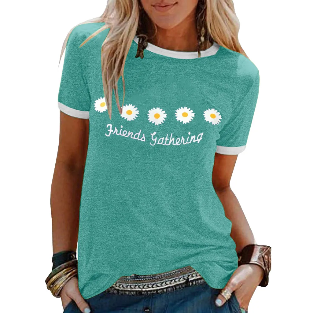 Женские Футболки в стиле Харадзюку с цветочным принтом летние круглым вырезом и