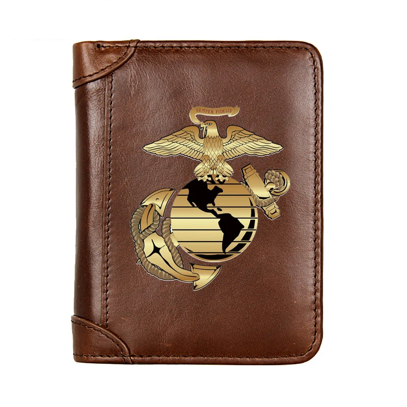 U.S. Marine Corps Badge Genuine Leather Wallet Classic Men Business Pocket Slim Card Holder Male Short Purses Gifts