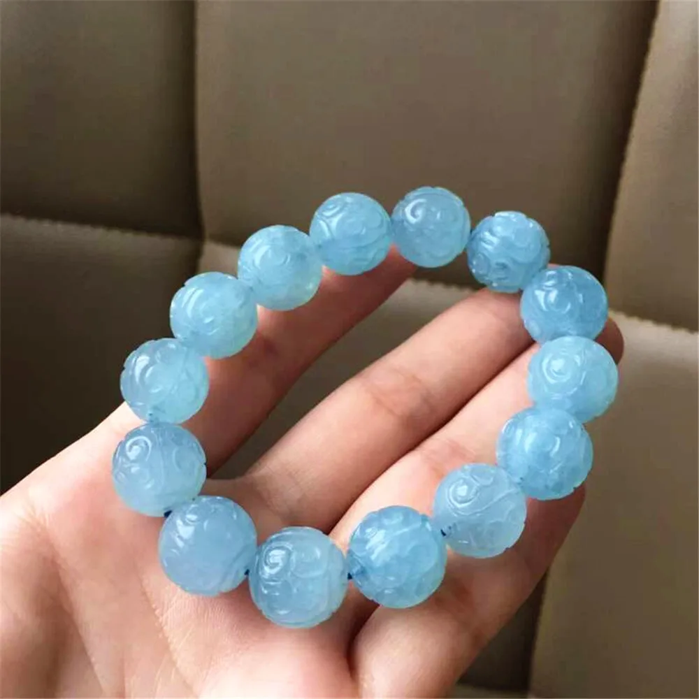 

14mm Top Natural Ocean Blue Aquamarine Bracelet For Women Lady Man Lucky Crystal Loose Round Beads Gemstone Stretch Jewelry AAAA