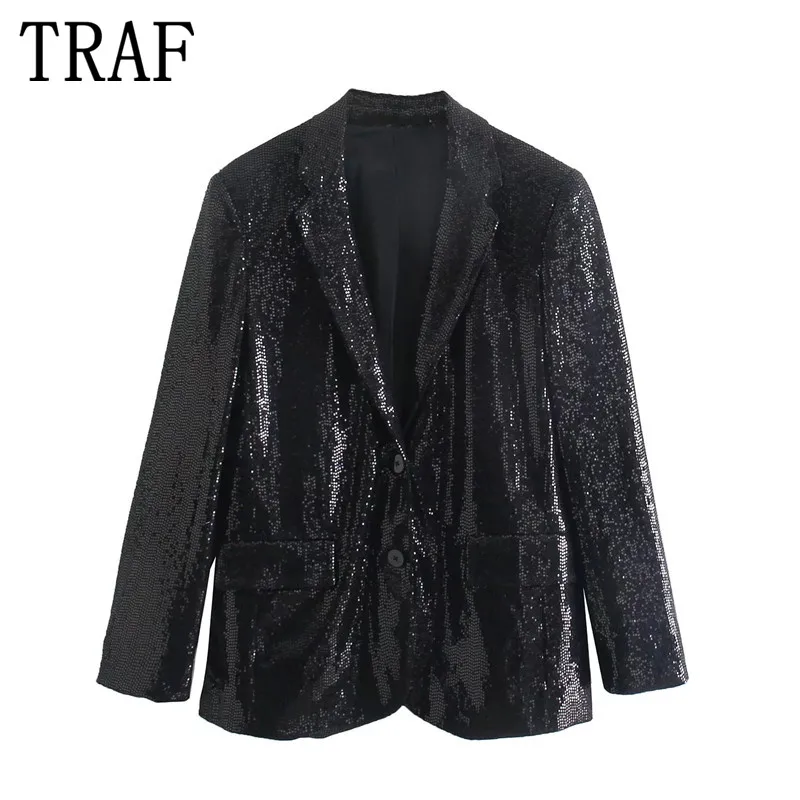 

TRAF 2021 Black Blazer Women Shiny Sequin Jacket Woman Fashion Glitter Elegant Female Blazer Casual Long Sleeve Jacket