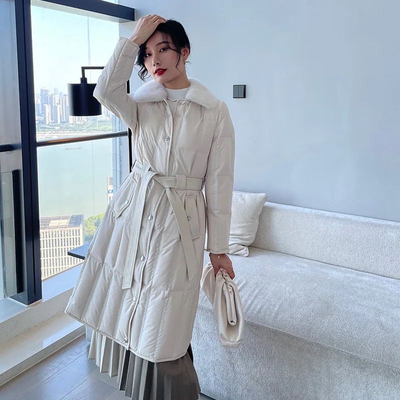 

High-end Boutique 2021 Autumn and Winter New Thickened Splice Mink Collar Apricot Coat with Belt White Goose Down Jacket