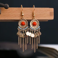 women%e2%80%98s bohemian gold color long chain tassel earrings summer gypsy red stone statement handmade jewelry wedding accessories
