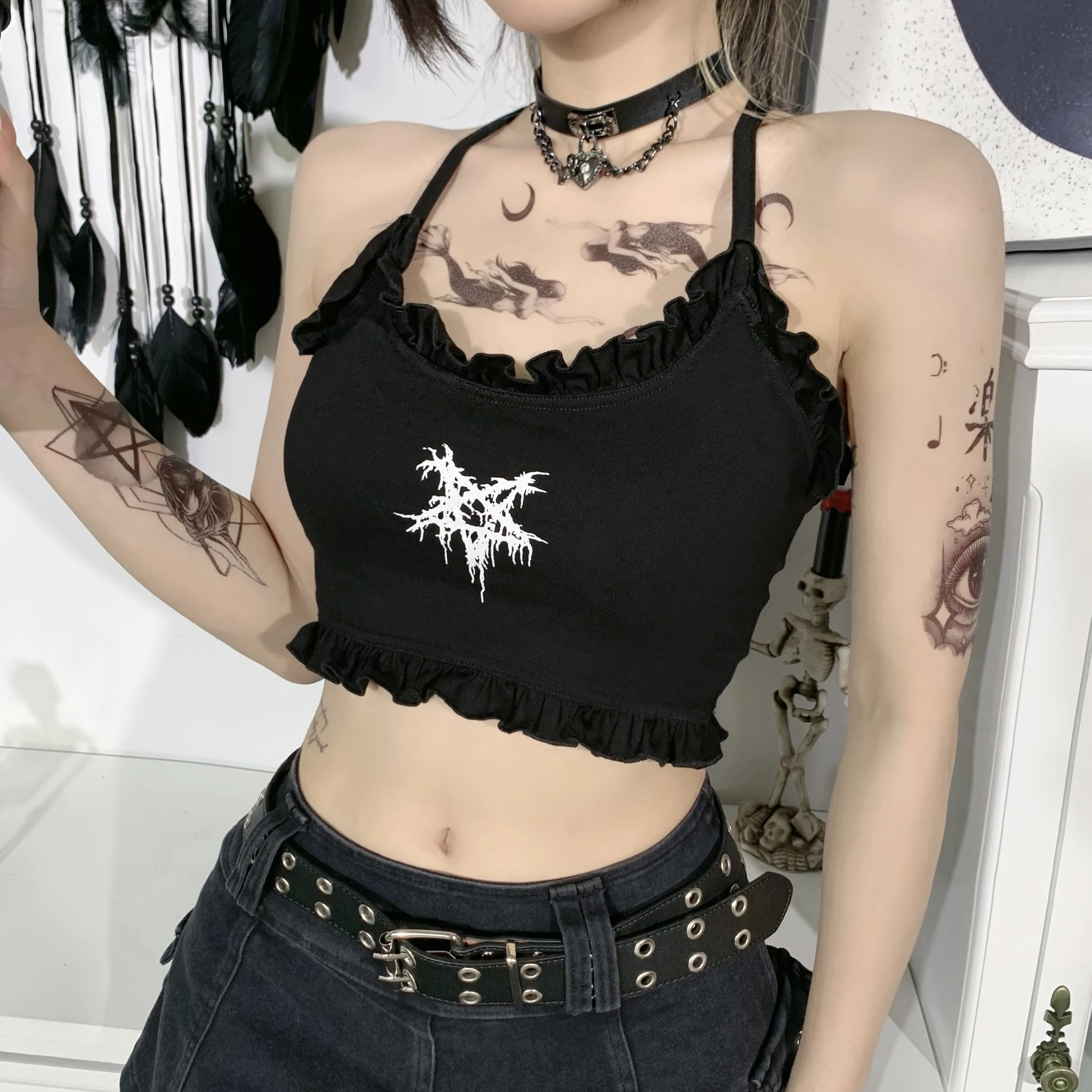 

y2k tank top Pentagram Print Black Camis Women Summer Cropped Top Harajuku Straps Spaghetti Cross Camisole Punk Sexy Backless