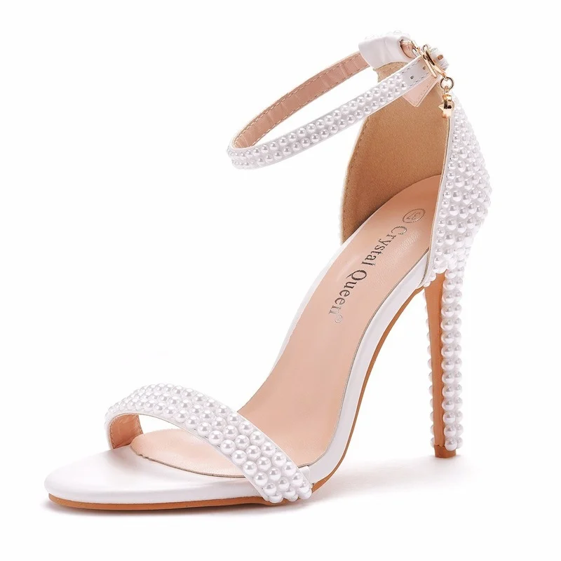 

High-heeled sandals White buckle-up shoes Stiletto fish mouth Roman sandals White pearl sandals social shoes luxury Wedding