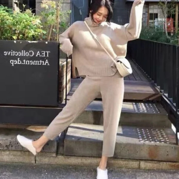 Женский Теплый трикотажный спортивный костюм DA523 свободный свитер с высоким