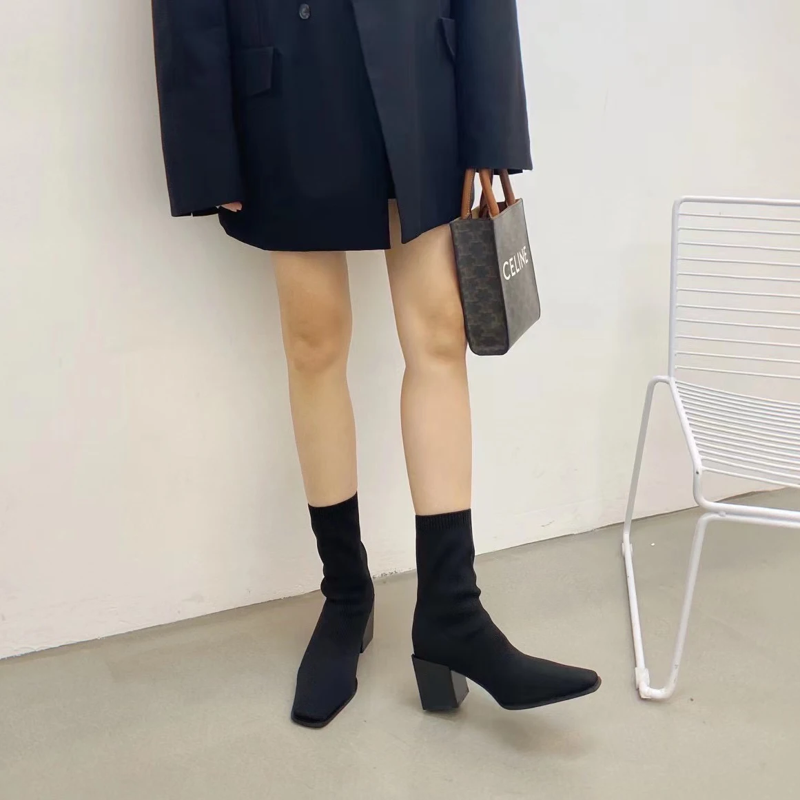 

Женские ботильоны с квадратным носком, эластичные вязаные ботинки на высоком устойчивом каблуке, без застежки, черные, бежевые, Размеры 35-39