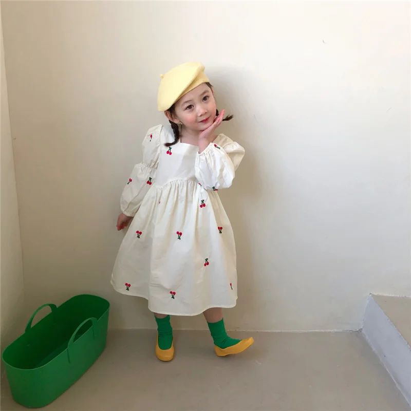 Spring Baby Girls Floral Embroidery Lantern Sleeve Loose Dress Korean style Kids Fashion Cute Princess Dresses | Детская одежда и