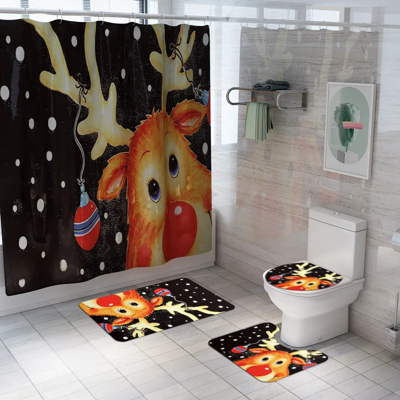 3D Merry Christmas набор для ванной, снеговик, лось, воздушный шар, узор, водонепроницаемый, занавеска для душа, крышка для туалета, коврик, нескользящий, ковер, домашний декор