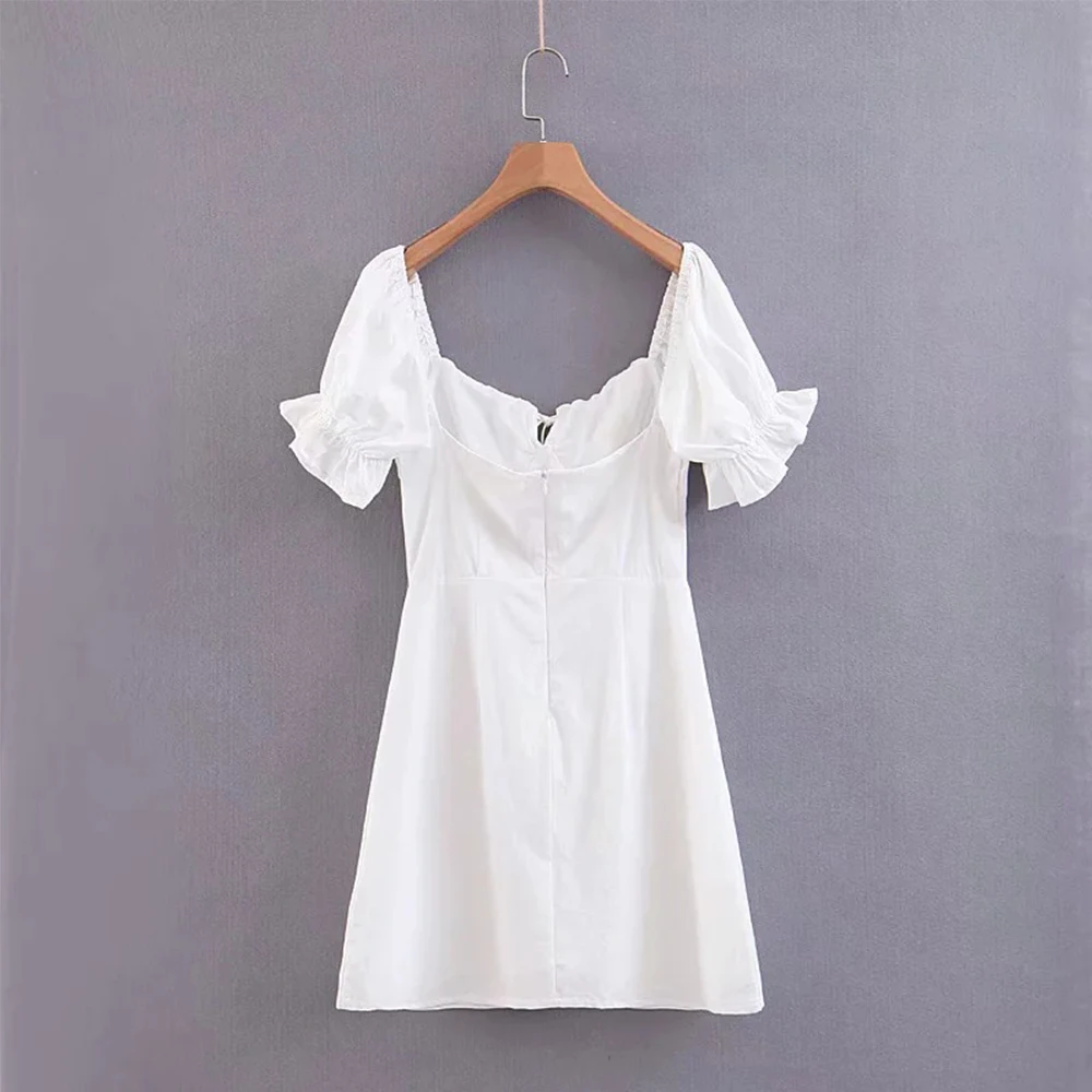 

Summer White Dress for Women Sexy Puff Sleeve Pleated Solid Female Slim Mini Dress Backless Square Collar Strapless Short Dress