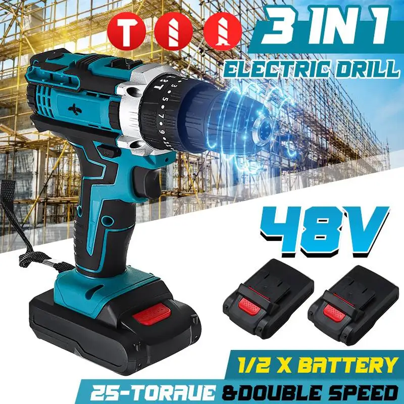 

48V 25+3 Torque Cordless Impact Drill Electric Screwdriver Rechargeable Electric Hammer Power Tool with 2 Lithium-Ion Battery