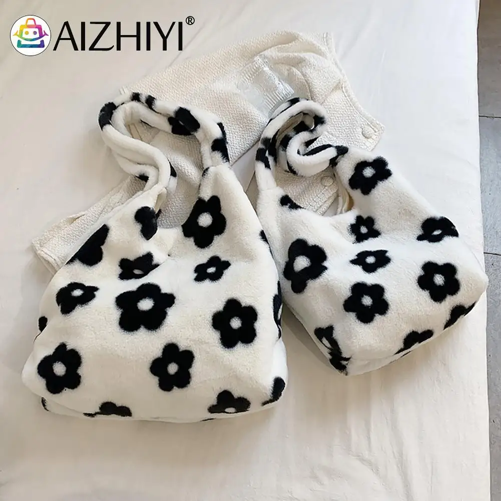 

Women Faux FurPlush Hit ColorFlower Pattern Shoulder Bag Large Capacity Shopping Handbag Winter Phone Casual Top-handle Bag